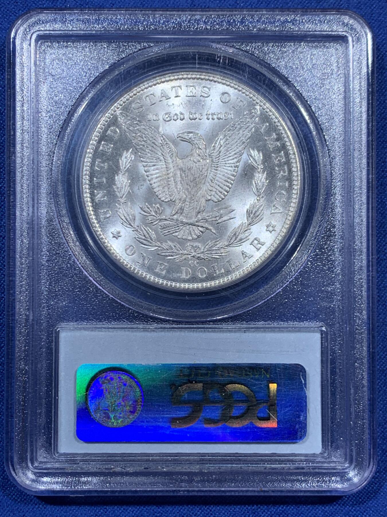 《竞宝斋》第452场 周日，周一 2场连拍 （全场包邮，欢迎送拍） PCGS MS65 美国 1884 CC 摩根 银币 卡森厂 高分难得 十字转光 早期盒装保存这么好更显不易 细节见图