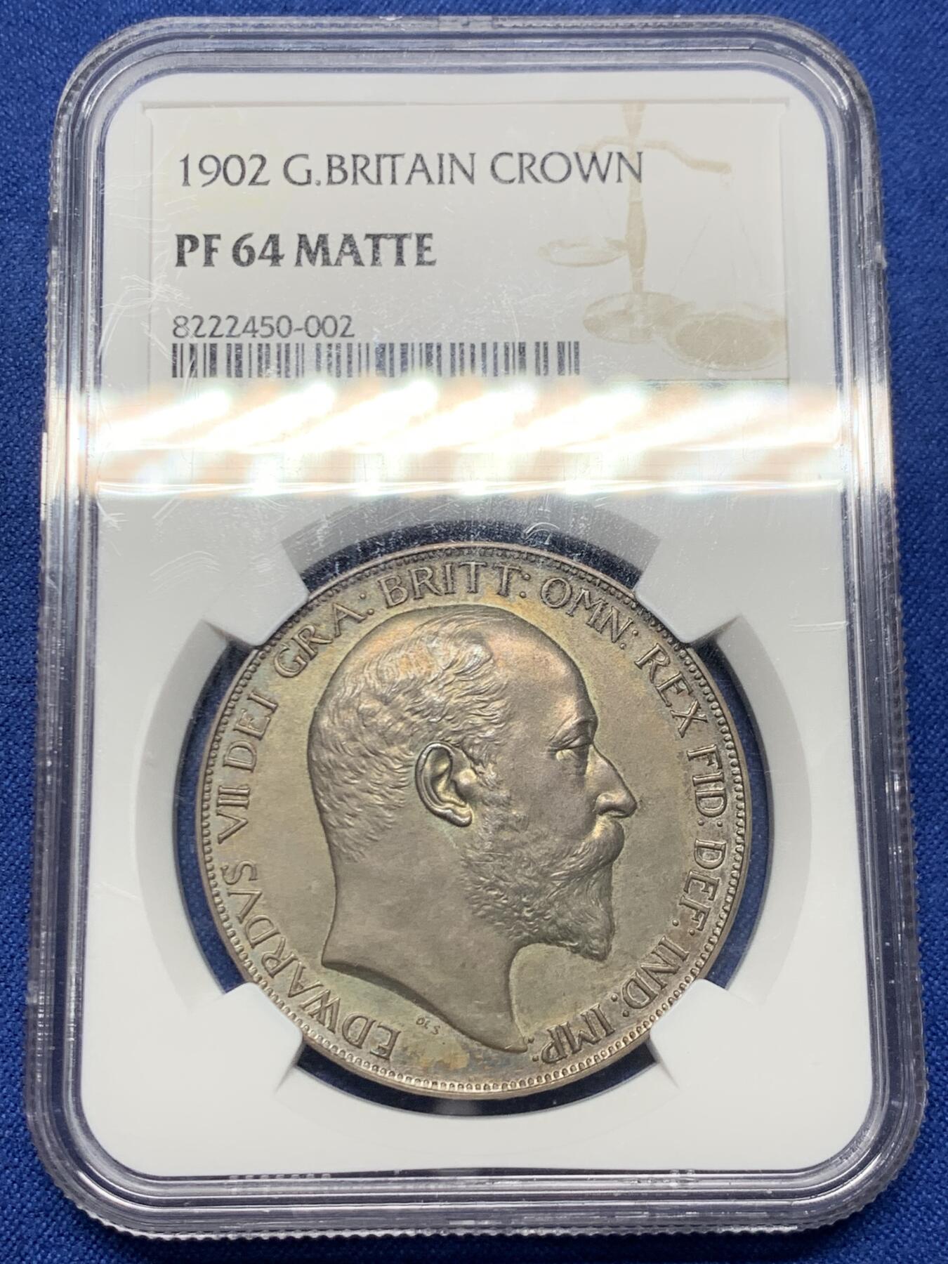 《竞宝斋》第452场 周日，周一 2场连拍 （全场包邮，欢迎送拍） NGC PF64MATTE 英国1902年爱德华七世精制马剑克朗 正面酱彩背面火烧云 爱七精制币难见包浆