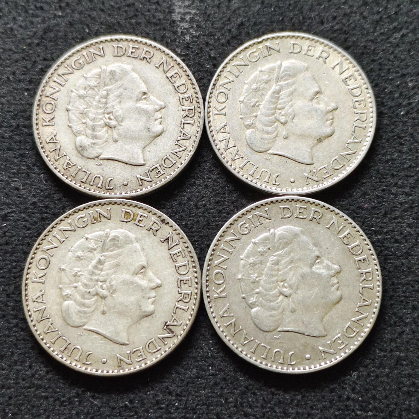 【全场包邮】纯粹捡漏拍491场（免费代拍第28场） 荷兰1955-1957年朱莉安娜女王1盾（25毫米6.5克）银币4枚一组（共计26克）