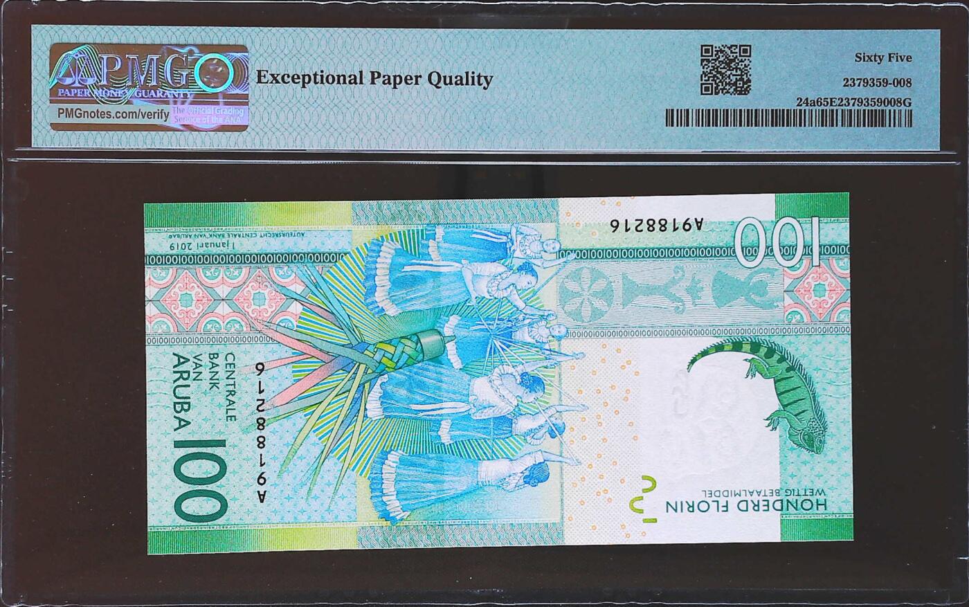 世界靓号纸钞第七十九期 2019年阿鲁巴100弗洛林 首发A冠 全程无3457 PMG65 2019年IBNS世界最佳纸币