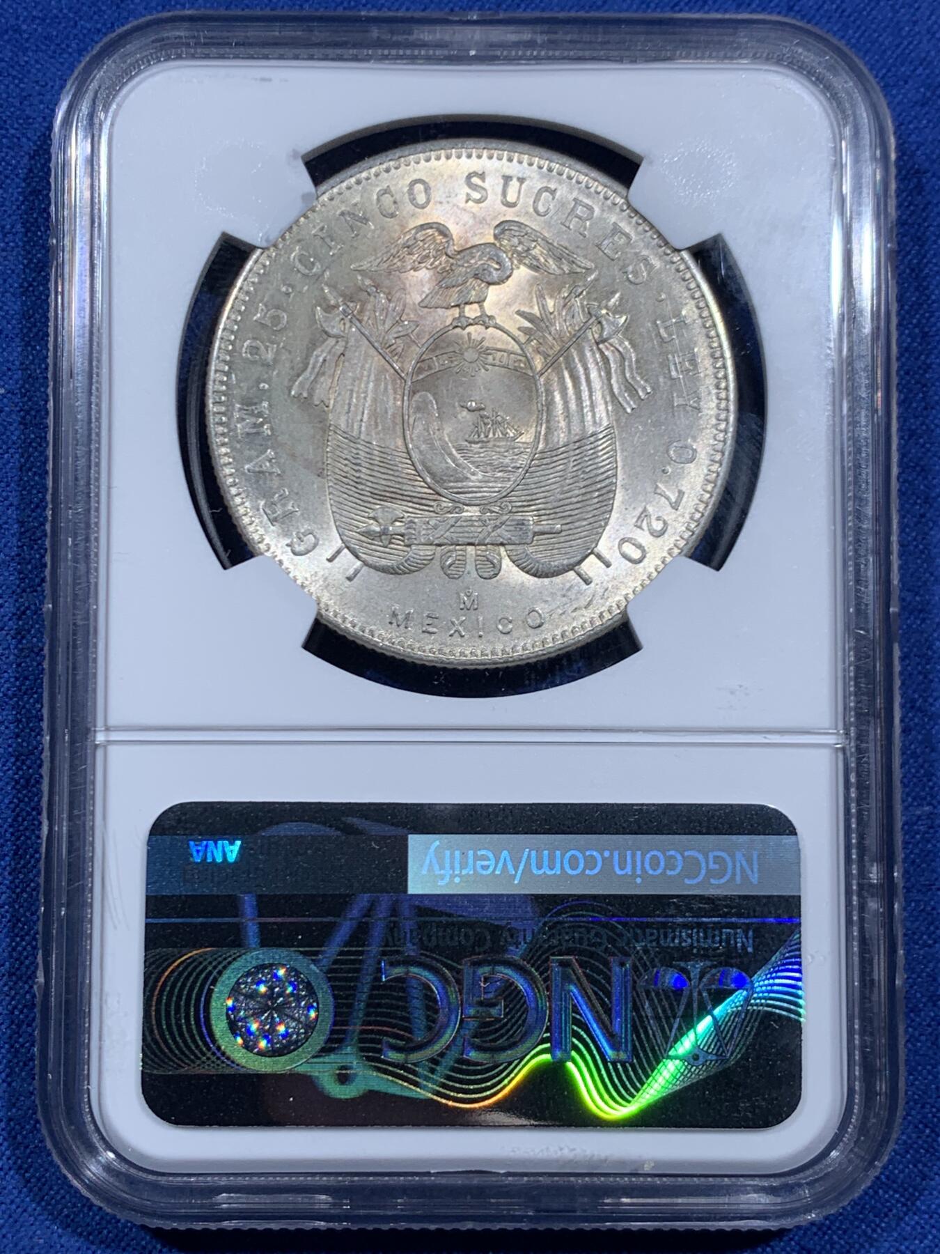 《竞宝斋》第452场 周日，周一 2场连拍 （全场包邮，欢迎送拍） NGC MS64 厄瓜多尔1943年5苏克雷大银币，共发行2年，较少的年份，转光强烈，极美包浆。