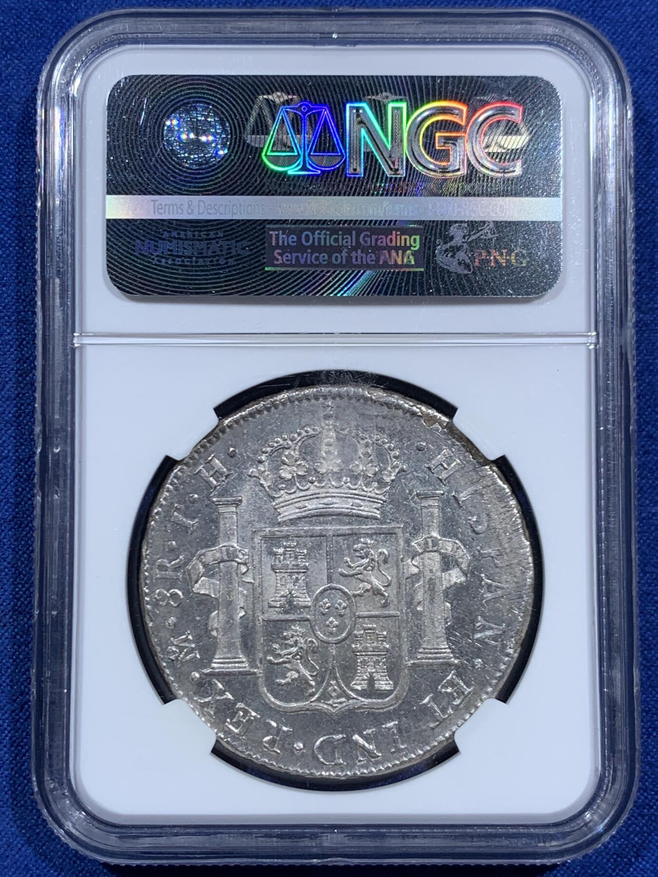 《竞宝斋》第452场 周日，周一 2场连拍 （全场包邮，欢迎送拍） NGC MS62 西属墨西哥1804年卡洛斯四世8里亚尔银币，人像状态非常好，底板略带PL质感。