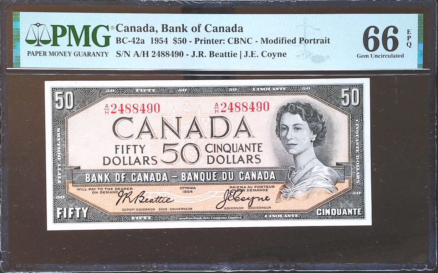 世界靓号纸钞第七十九期 1954年加拿大50元 稀少42a首版 PMG66