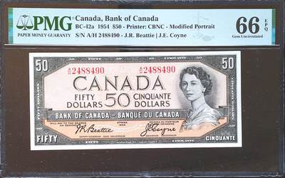 世界靓号纸钞第七十九期 - 1954年加拿大50元 稀少42a首版 PMG66