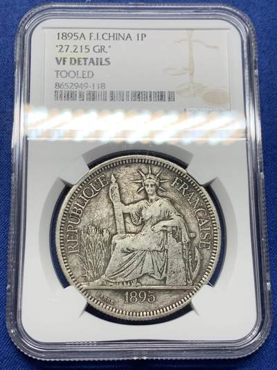 《竞宝斋》第452场 周日，周一 2场连拍 （全场包邮，欢迎送拍） - NGC VFD 法属印支1895A坐洋1皮亚斯特银币 加重版