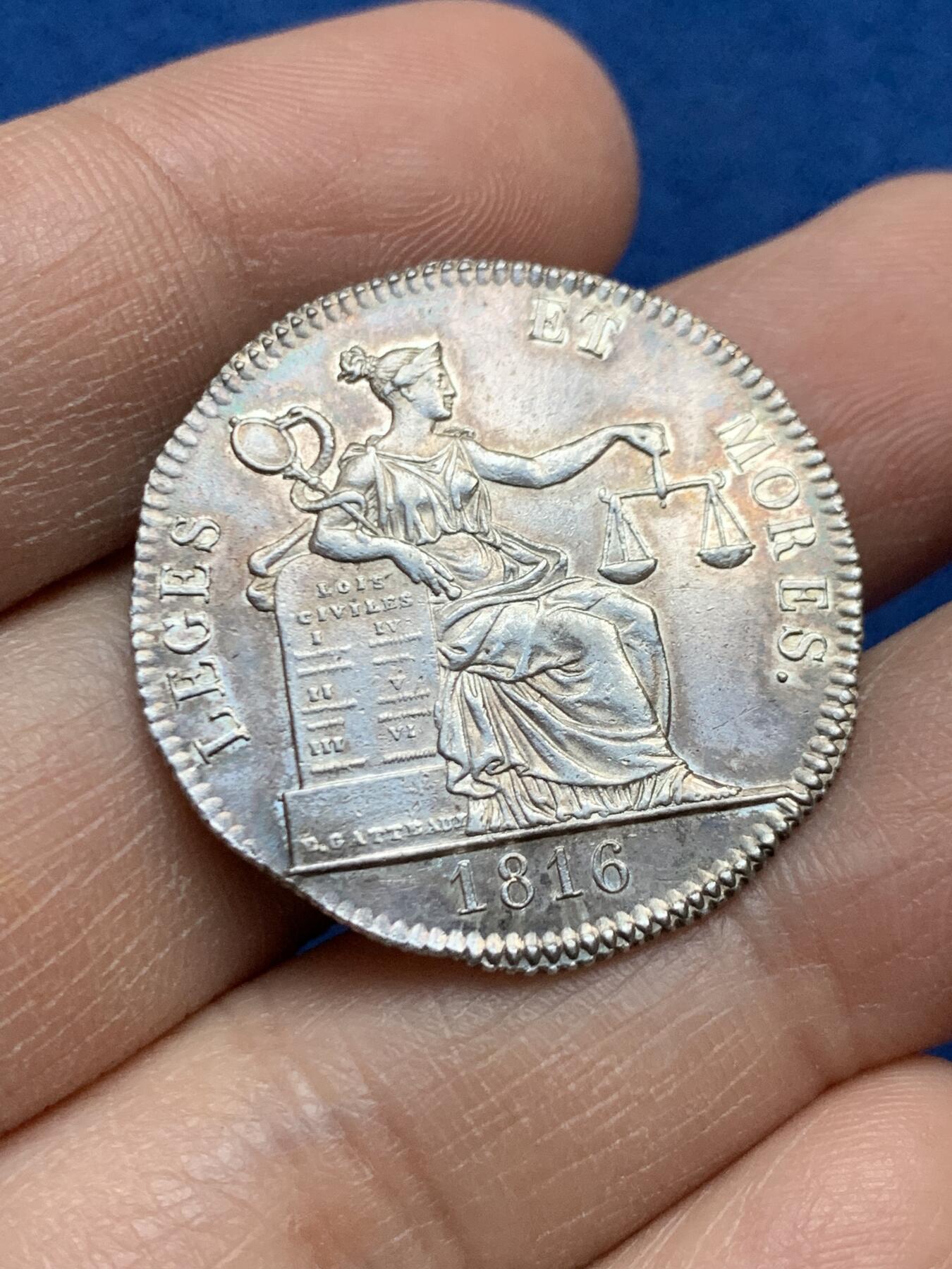 《竞宝斋》第452场 周日，周一 2场连拍 （全场包邮，欢迎送拍） 法国1816年公正女神银质代币，29.5mm，8克，带光好品。