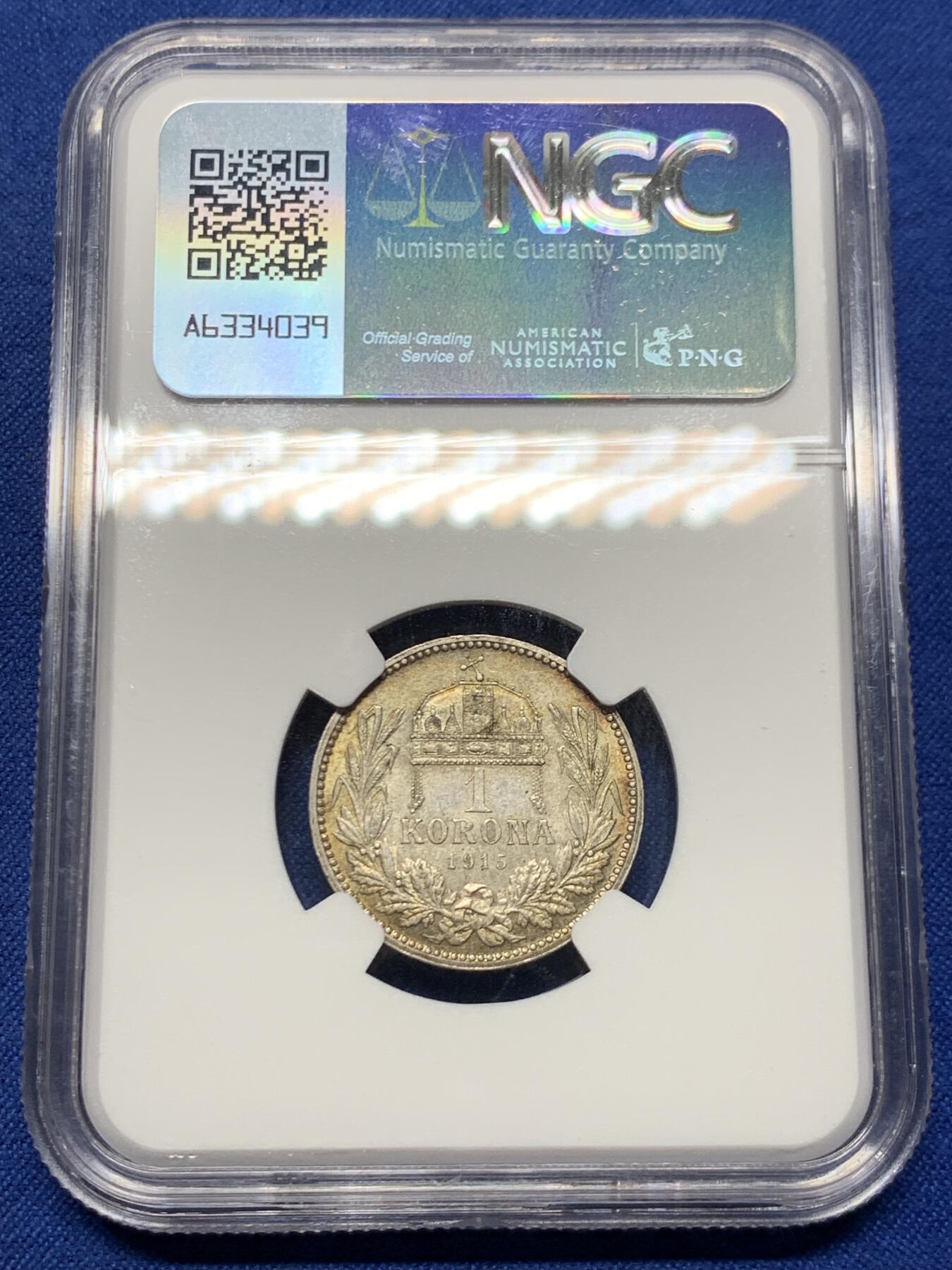 《竞宝斋》第452场 周日，周一 2场连拍 （全场包邮，欢迎送拍） NGC MS62 匈牙利1915科罗娜银币，全币五彩状态，少见的匈牙利版，难得的好状态