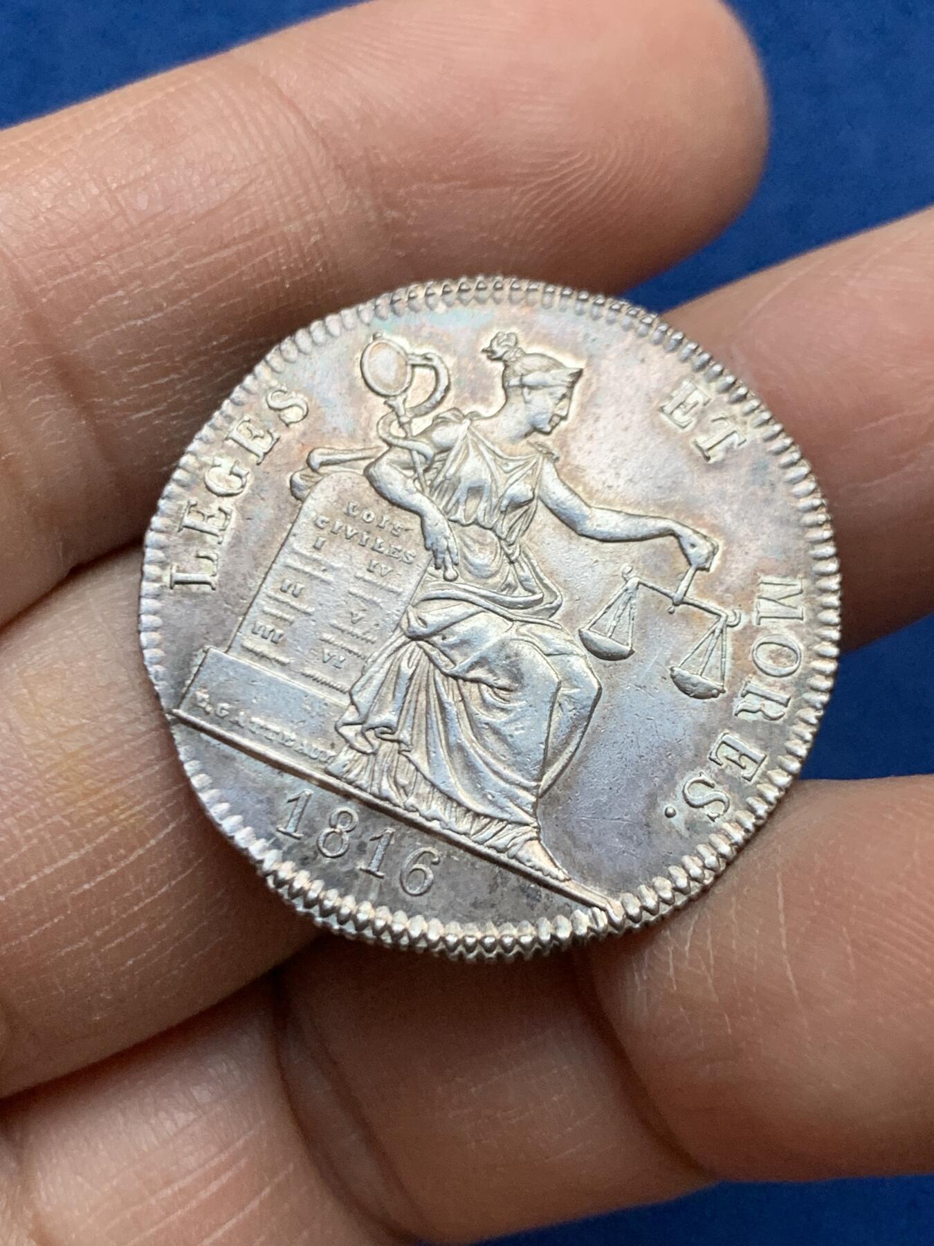 《竞宝斋》第452场 周日，周一 2场连拍 （全场包邮，欢迎送拍） 法国1816年公正女神银质代币，29.5mm，8克，带光好品。