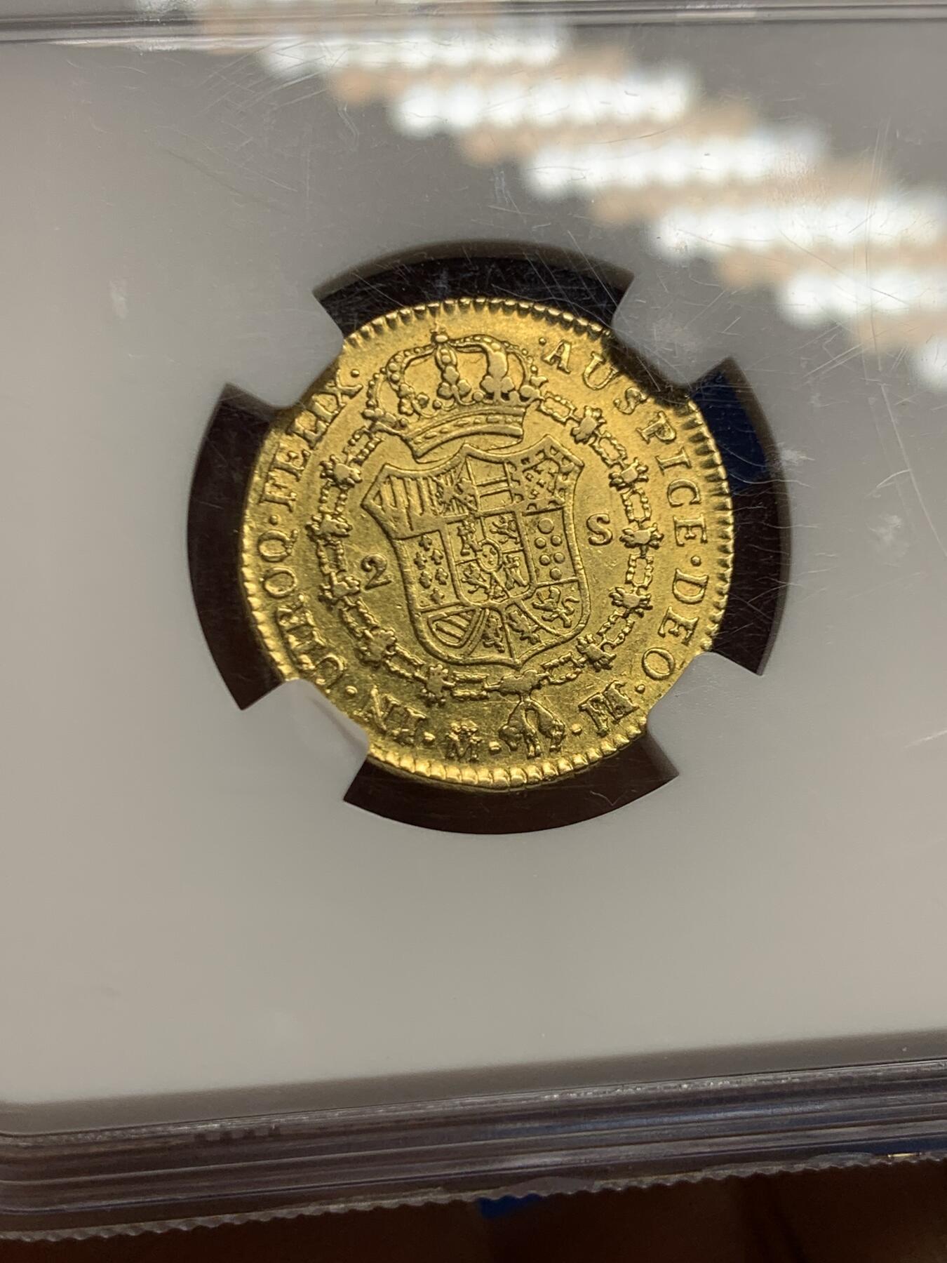 《竞宝斋》第452场 周日，周一 2场连拍 （全场包邮，欢迎送拍） NGC XF45 西班牙1804年卡洛斯四世2埃斯库多金币 875金 6.7克