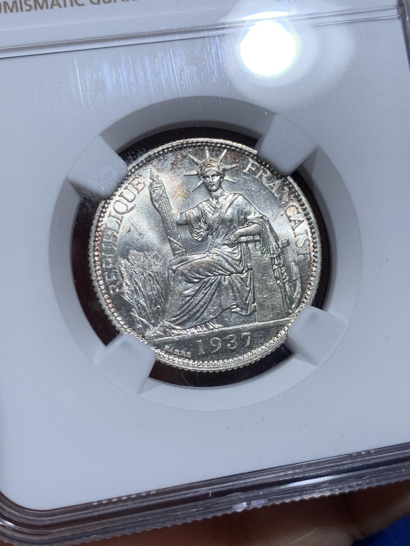 《竞宝斋》第452场 周日，周一 2场连拍 （全场包邮，欢迎送拍） NGC UNCD 法属印支1937年20分银币