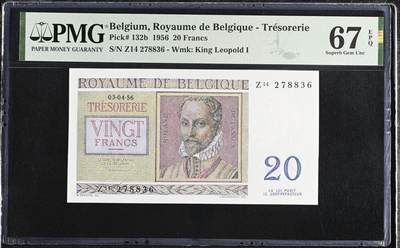 🐍甜小邱世界纸币收藏🐍第138期精品场💐 - PMG67 比利时 20法郎 1956