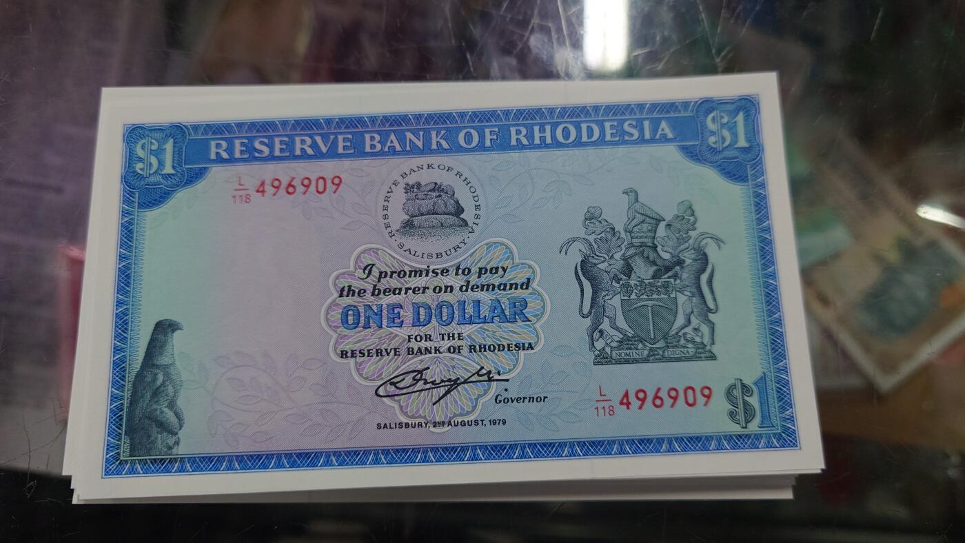 【新年二拍】世界钱币～微拍第223期暨2025年第63期  裸钞专场超低起拍 欢迎参与 1979年罗德西亚1元 全新绝品尾号909