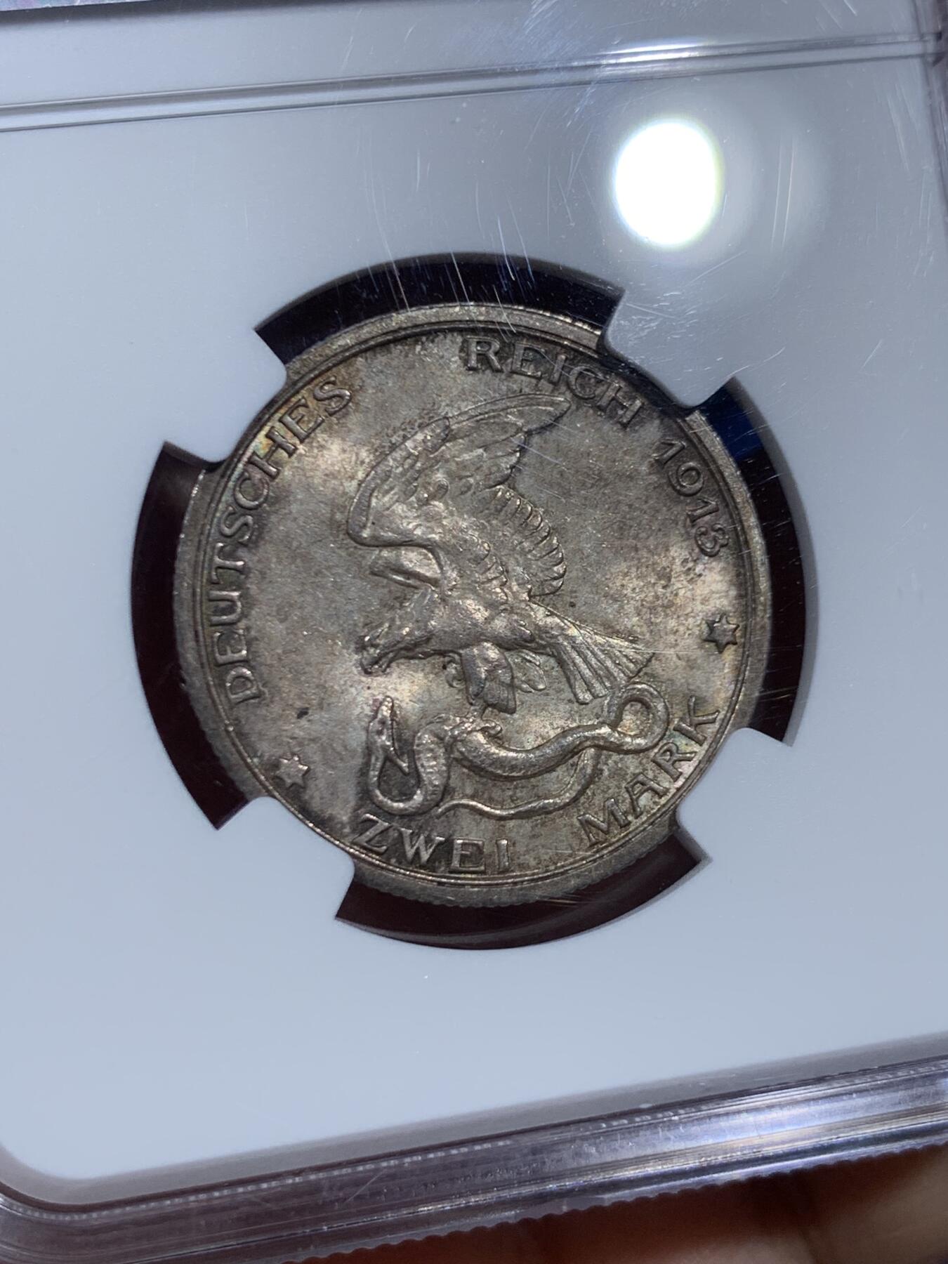 《竞宝斋》第452场 周日，周一 2场连拍 （全场包邮，欢迎送拍） NGC MS64 德国1913A普法战争两马克银币 深彩包浆漂亮 值得入手