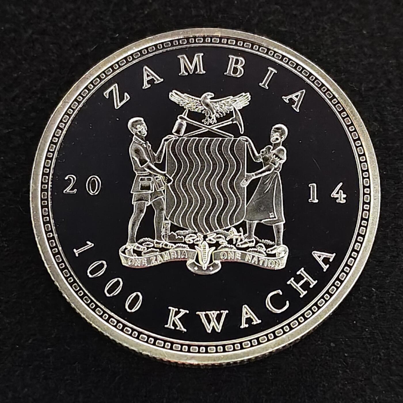 【全场包邮】纯粹捡漏拍490场（免费代拍第27场） 赞比亚2014年1000看濒危动物蓝紫金刚鹦鹉彩色精制克朗型纪念