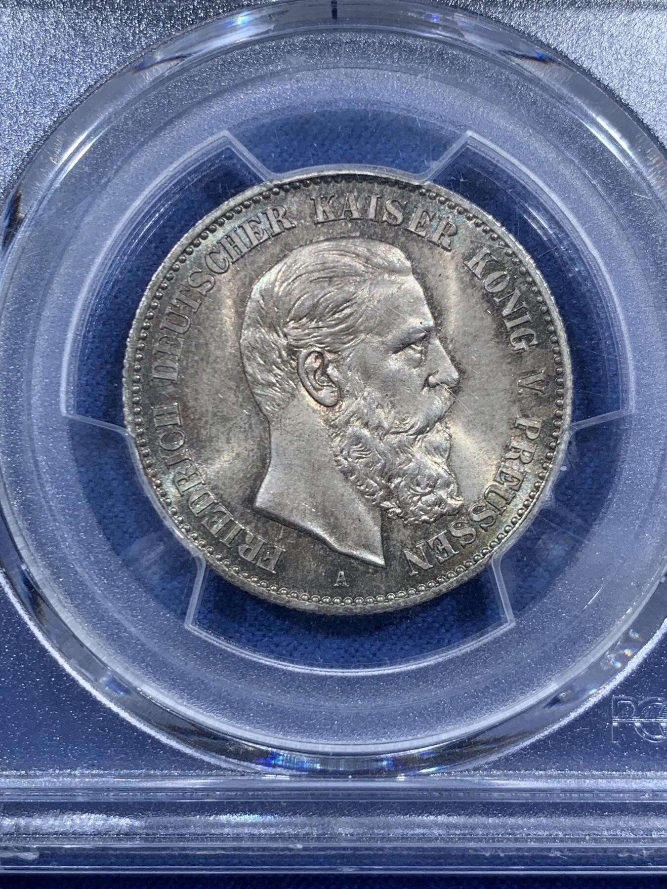 《竞宝斋》第452场 周日，周一 2场连拍 （全场包邮，欢迎送拍） PCGS MS66 德国 1888年 三皇之年弗里德里希三世皇帝2马克银币，超高分，包浆十分优美，收藏一步到位，细节见图