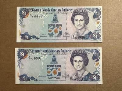 🐍甜小邱世界纸币收藏🐍第138期精品场💐 - Q/1首发冠 999+000豹子号两张 全新UNC 开曼群岛 1元 “开曼群岛500周年纪念” 2003