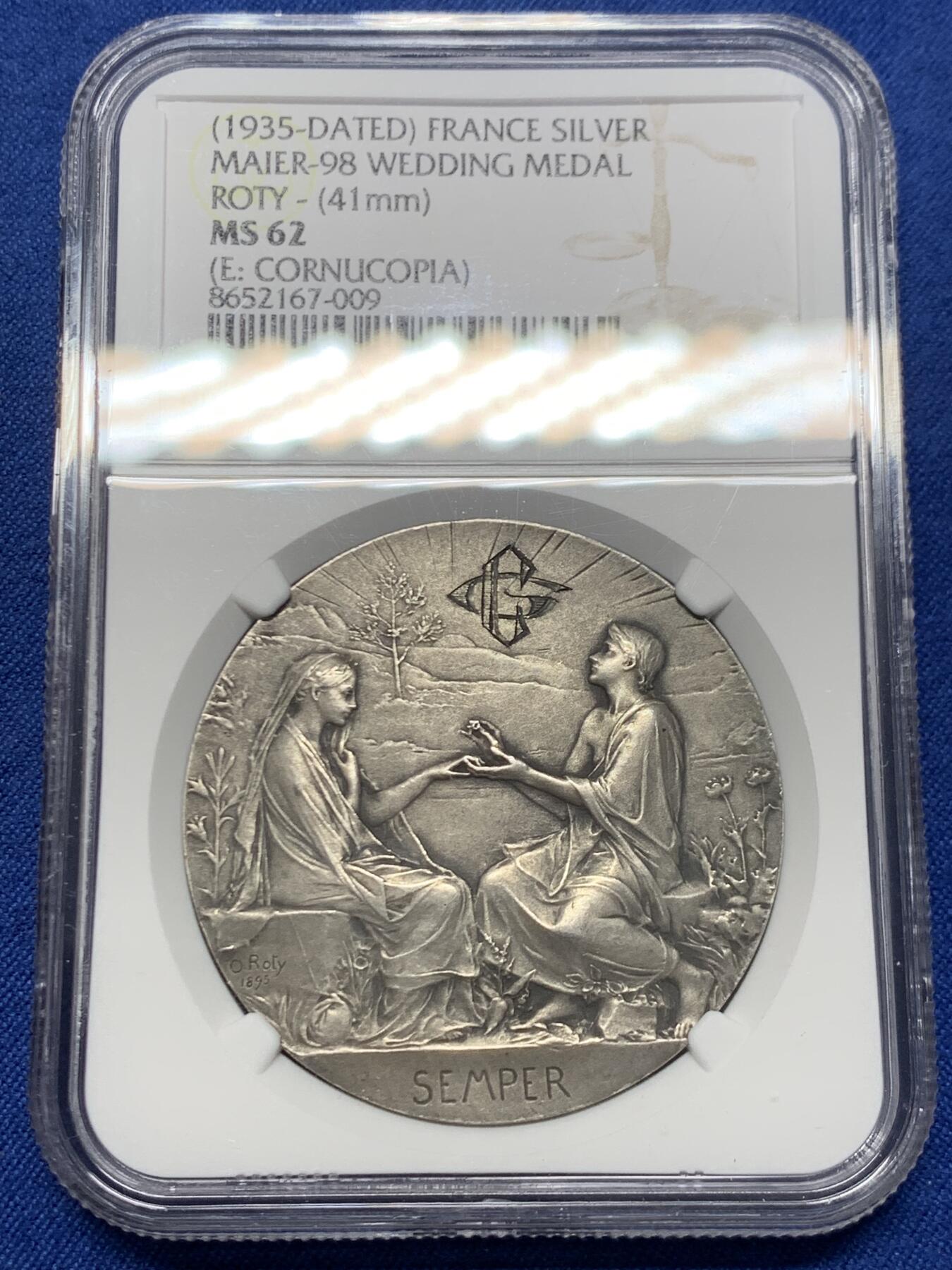 《竞宝斋》第453场 周日，周一 2场连拍 （全场包邮，欢迎送拍） NGC MS62 法国1898年O.Roty作品“SEMPER”永恒的爱 婚礼纪念银章，直径：41 mm，少见双面刻花，状态一流，极致收藏，名家经典，品相不错