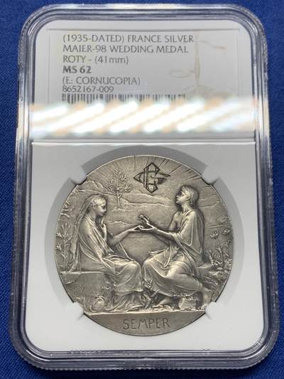 《竞宝斋》第453场 周日，周一 2场连拍 （全场包邮，欢迎送拍） - NGC MS62 法国1898年O.Roty作品“SEMPER”永恒的爱 婚礼纪念银章，直径：41 mm，少见双面刻花，状态一流，极致收藏，名家经典，品相不错