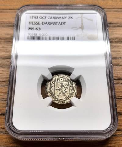 凡希社世界钱币微拍第三百十六期 - 1743德国黑森达姆斯特2K银辅币NGC-MS63，N唯一最高分