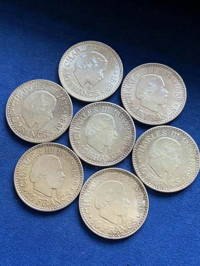 《竞宝斋》第453场 周日，周一 2场连拍 （全场包邮，欢迎送拍） - 七枚一组 摩纳哥 1966年 查理三世 10法郎 银币 900银 总重约175克