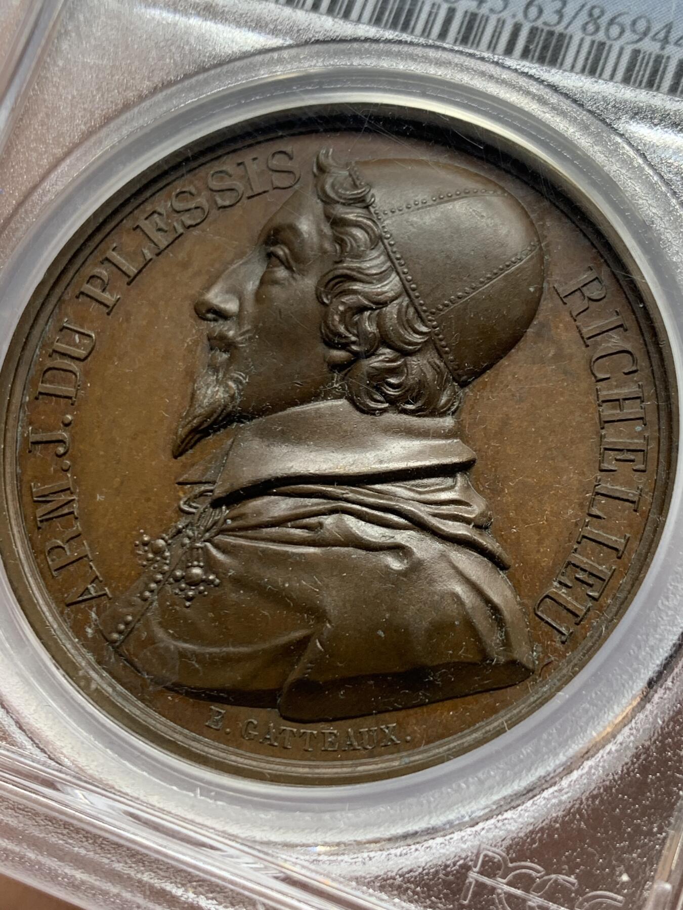 《竞宝斋》第453场 周日，周一 2场连拍 （全场包邮，欢迎送拍） PCGS SP63 法国1821年红衣主教黎塞留纪念章 高浮雕 加厚盒