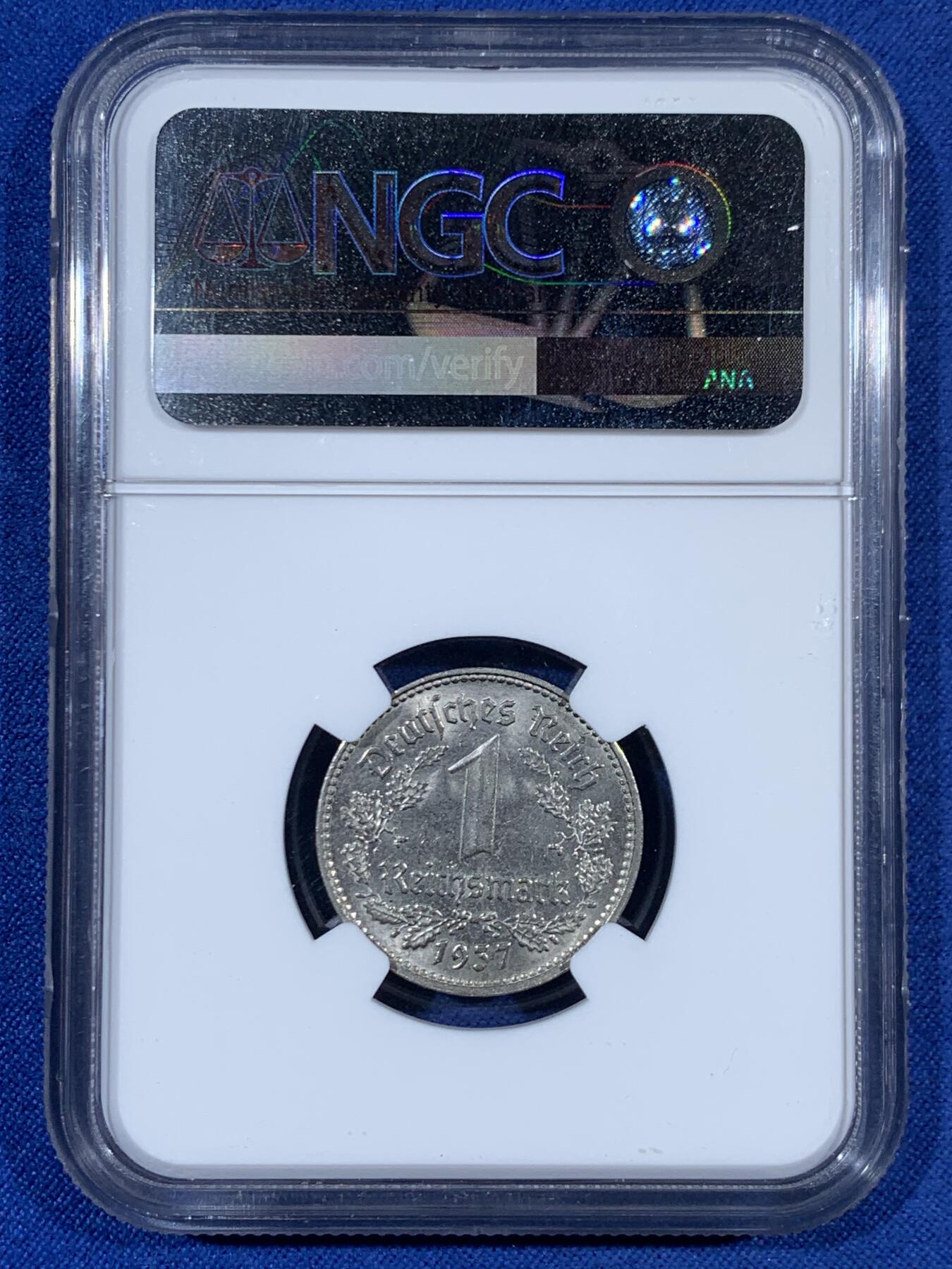 《竞宝斋》第453场 周日，周一 2场连拍 （全场包邮，欢迎送拍） NGC MS63 德国1937年D版1马克镍币，转光好品。