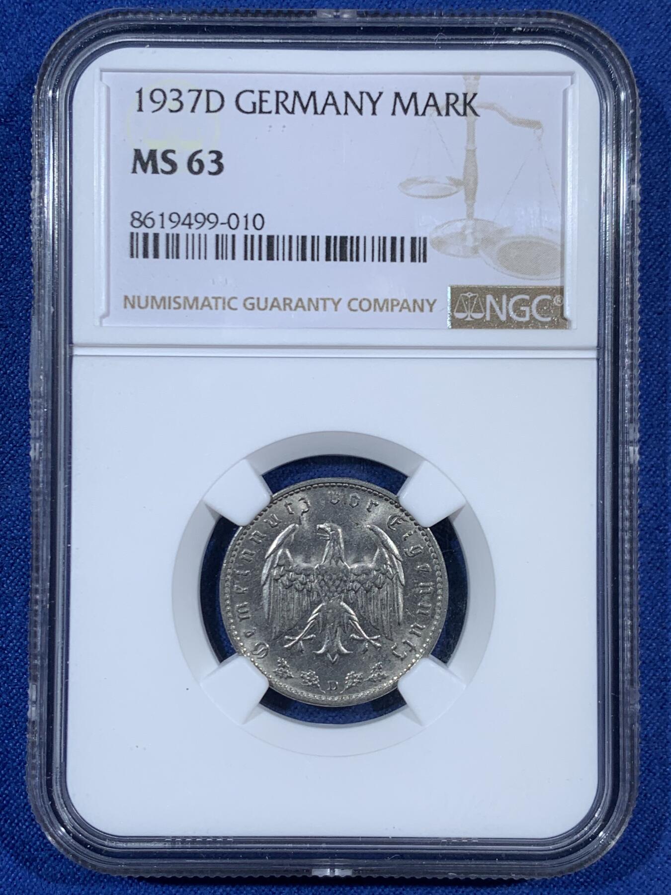 《竞宝斋》第453场 周日，周一 2场连拍 （全场包邮，欢迎送拍） NGC MS63 德国1937年D版1马克镍币，转光好品。