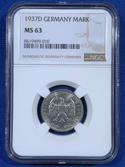 《竞宝斋》第453场 周日，周一 2场连拍 （全场包邮，欢迎送拍） - NGC MS63 德国1937年D版1马克镍币，转光好品。