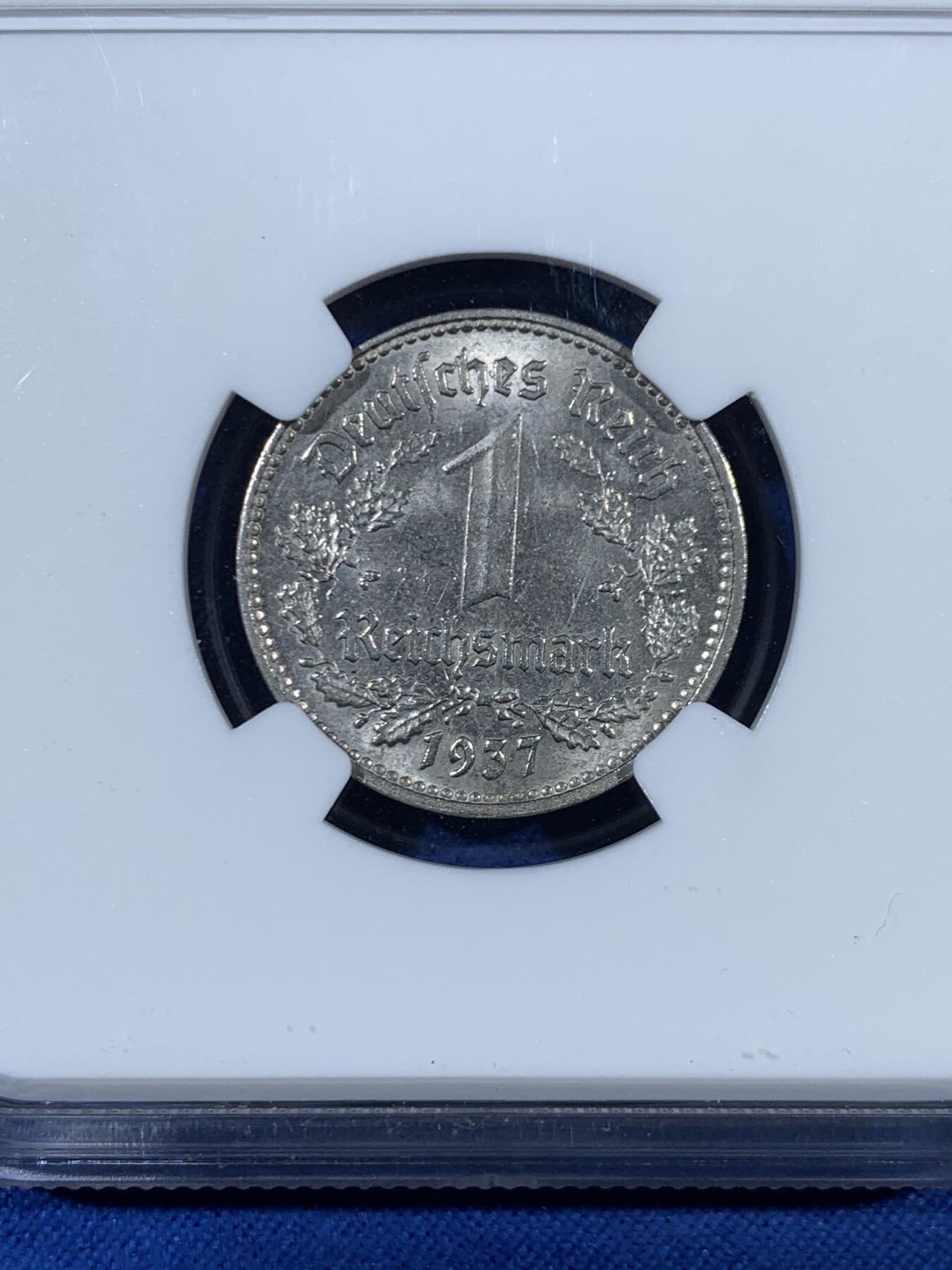 《竞宝斋》第453场 周日，周一 2场连拍 （全场包邮，欢迎送拍） NGC MS63 德国1937年D版1马克镍币，转光好品。