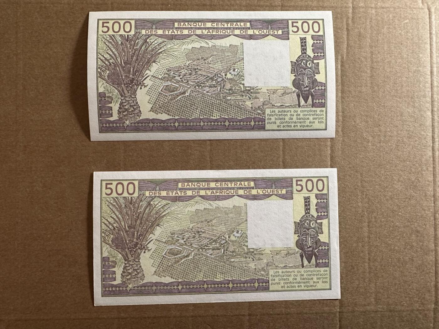 🐍甜小邱世界纸币收藏🐍第138期精品场💐 2222狮子号+000豹子号 两张！全新UNC 西非 500法郎 C布基纳法索 K塞内加尔