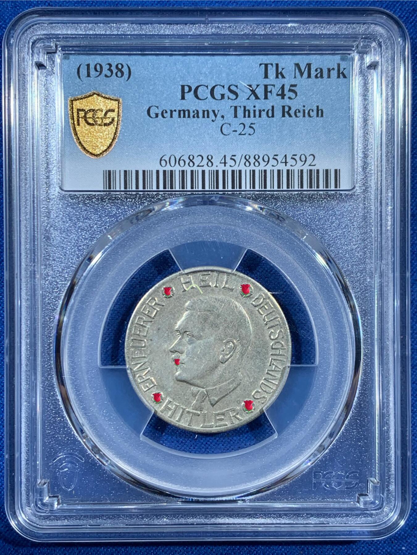 《竞宝斋》第453场 周日，周一 2场连拍 （全场包邮，欢迎送拍） PCGS XF45 德国1938年美术落榜生捐赠1马克代用币