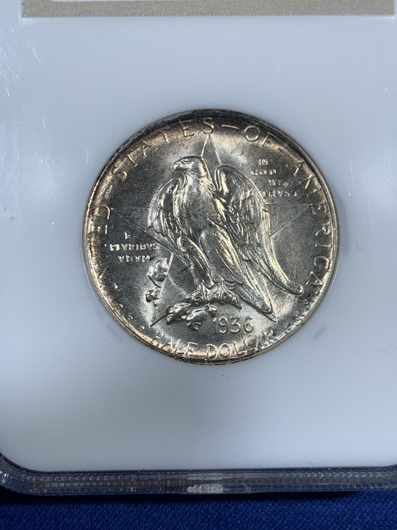 《竞宝斋》第453场 周日，周一 2场连拍 （全场包邮，欢迎送拍） NGC MS66 美国 1936年 50美分 银币，德克萨斯州，加厚老盒子评级，转光明显，非常养眼，值得收藏