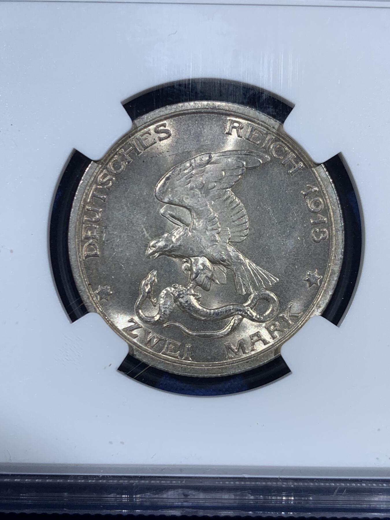 《竞宝斋》第453场 周日，周一 2场连拍 （全场包邮，欢迎送拍） NGC MS64 德国普鲁士1913年2马克 战胜拿破仑纪念银币 底板凝霜，有所低评，观感超越分数