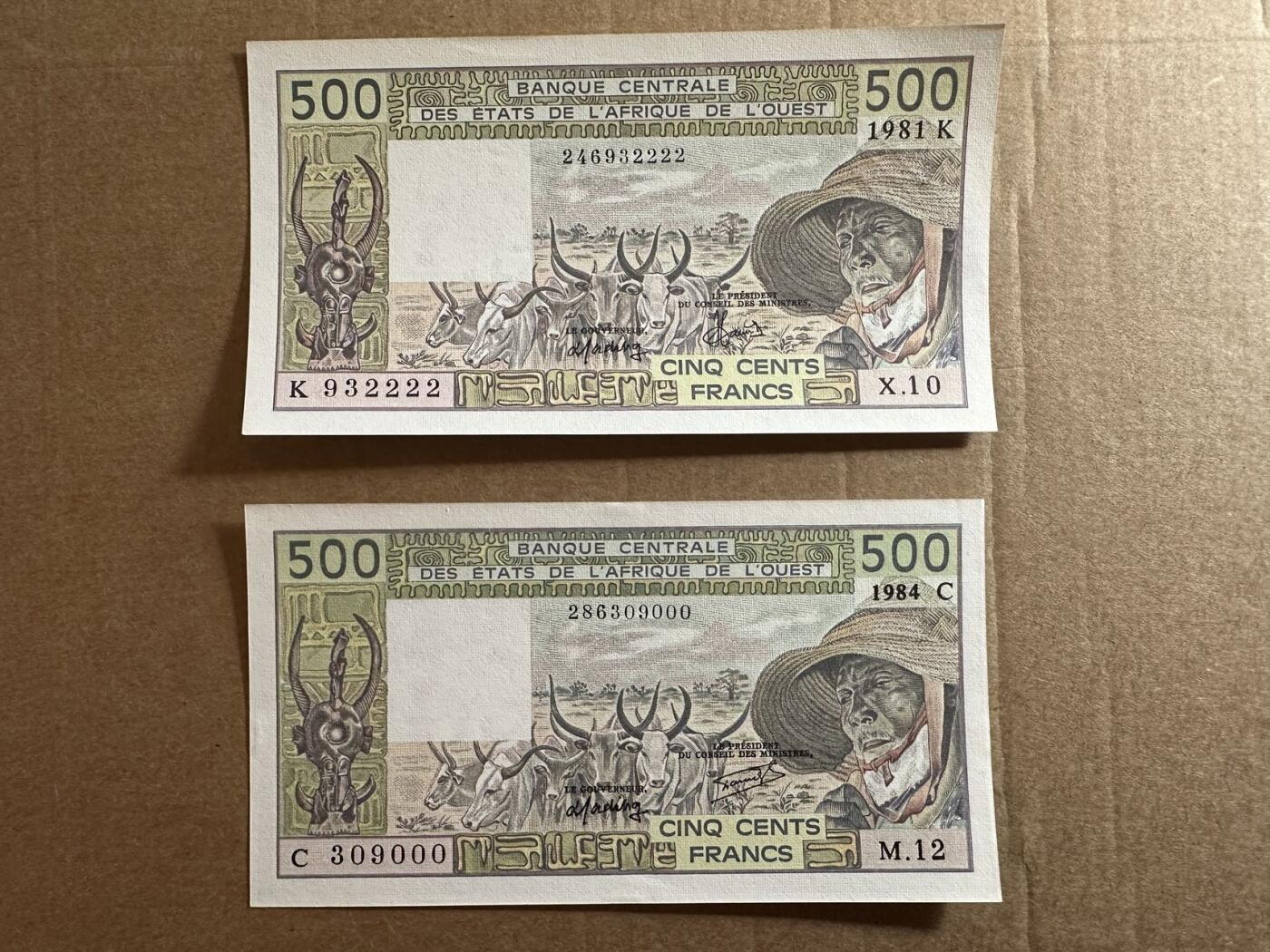 🐍甜小邱世界纸币收藏🐍第138期精品场💐 2222狮子号+000豹子号 两张！全新UNC 西非 500法郎 C布基纳法索 K塞内加尔