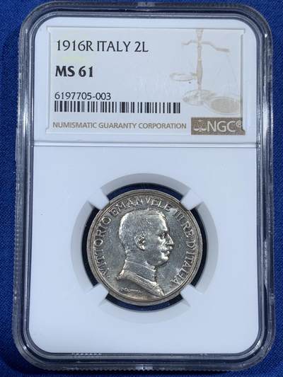 《竞宝斋》第453场 周日，周一 2场连拍 （全场包邮，欢迎送拍） - NGC MS61 意大利1916年2里拉银币