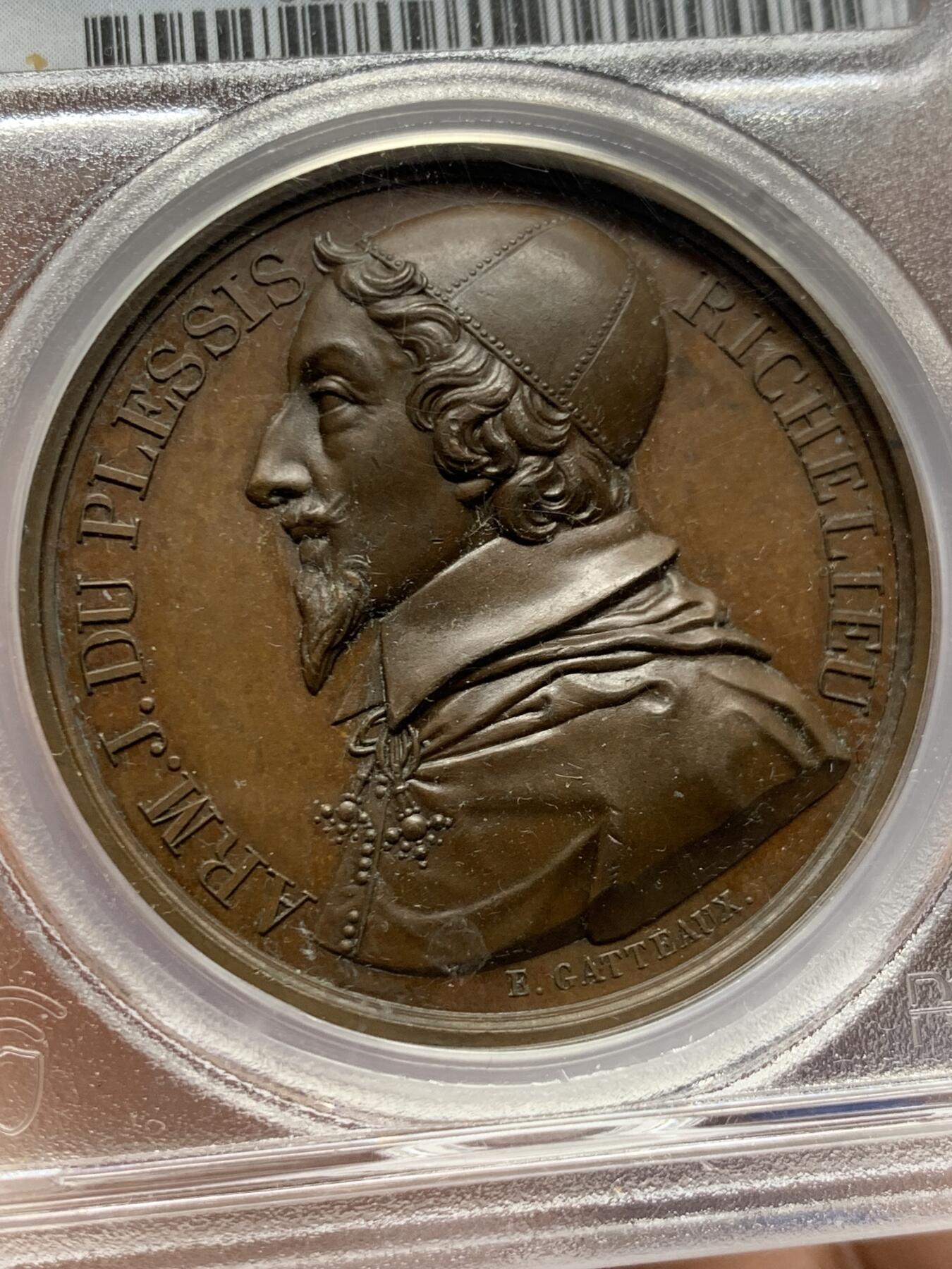 《竞宝斋》第453场 周日，周一 2场连拍 （全场包邮，欢迎送拍） PCGS SP63 法国1821年红衣主教黎塞留纪念章 高浮雕 加厚盒