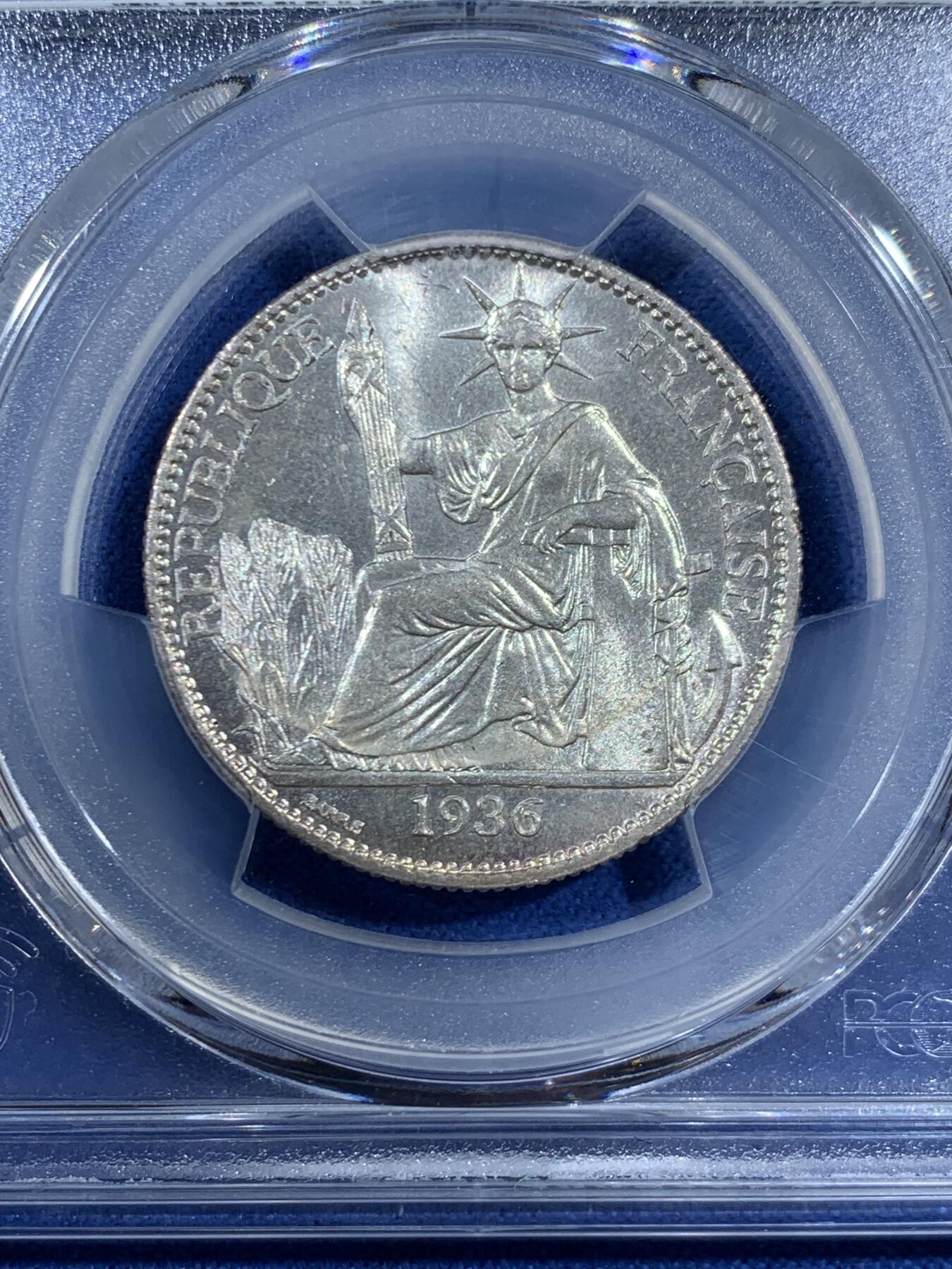 《竞宝斋》第453场 周日，周一 2场连拍 （全场包邮，欢迎送拍） PCGS MS64 法属印支1936年坐洋50分银币 细节甚佳