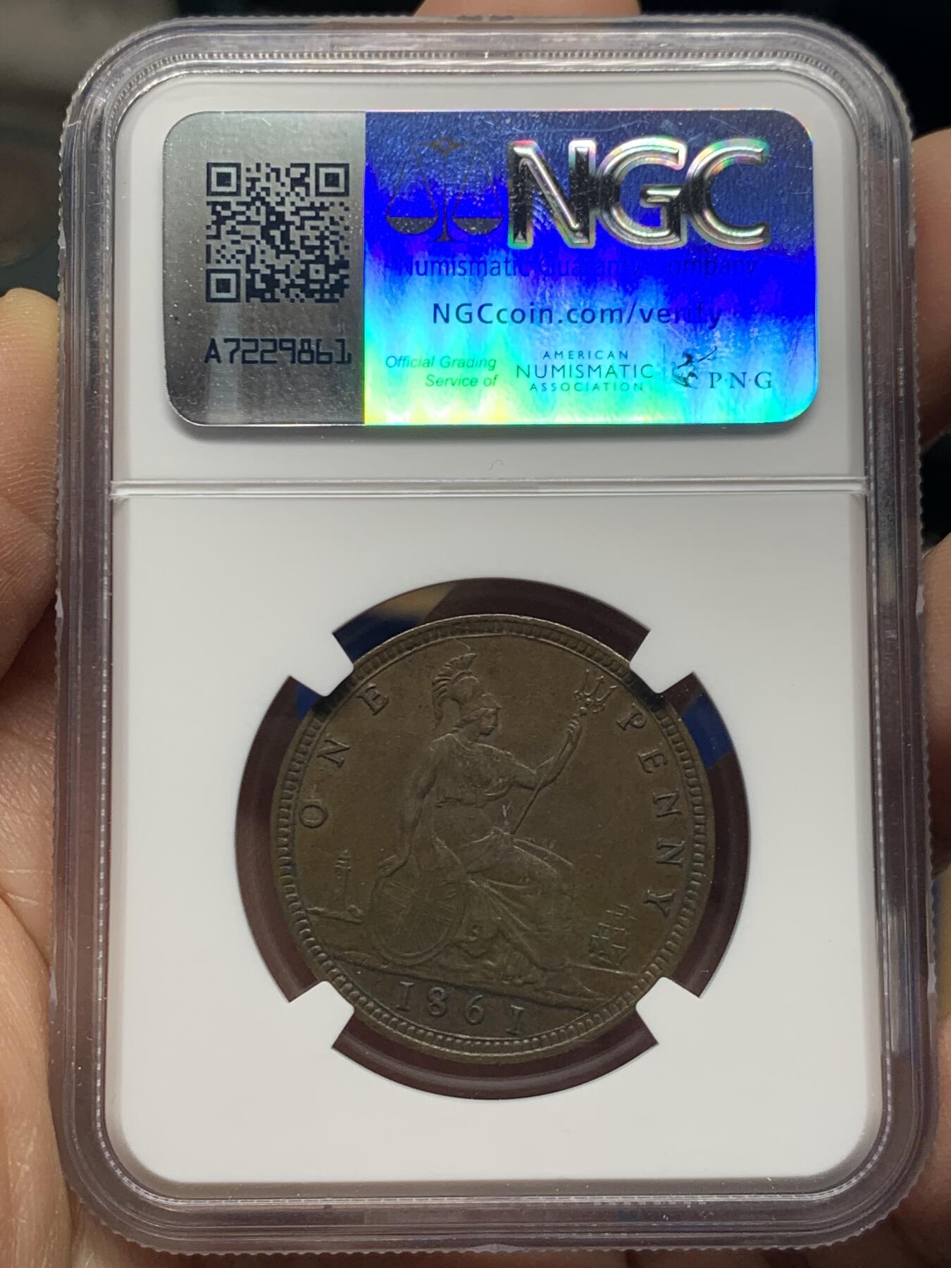 《竞宝斋》第453场 周日，周一 2场连拍 （全场包邮，欢迎送拍） NGC AU58BN 英国1861年维多利亚女王1便士铜币