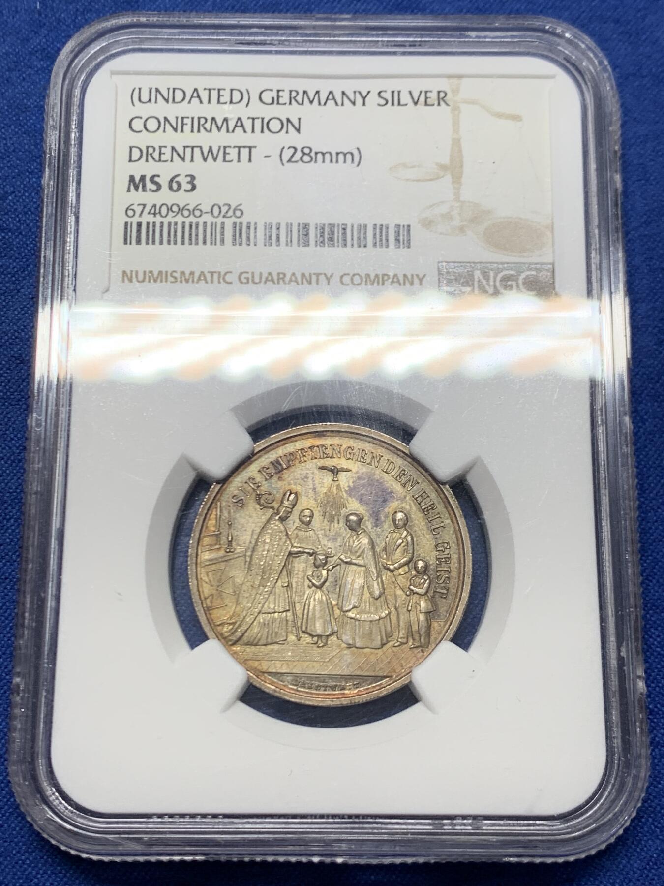 《竞宝斋》第453场 周日，周一 2场连拍 （全场包邮，欢迎送拍） NGC MS63 德国19世纪洗礼银章，自然五彩包浆，章牌雕刻世家Drentwett家族荣誉品