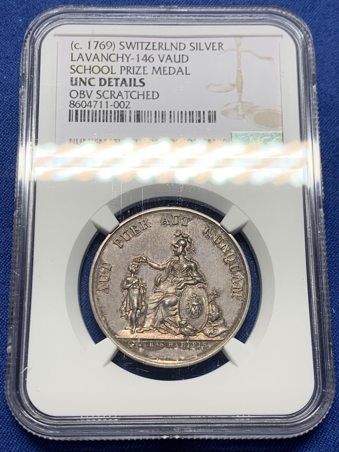 《竞宝斋》第453场 周日，周一 2场连拍 （全场包邮，欢迎送拍） NGC UNC 瑞士 早期 学院银质奖章 人物细腻 双面包浆也非常漂亮