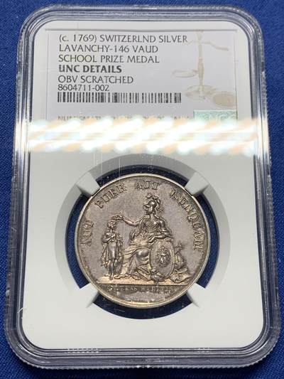 《竞宝斋》第453场 周日，周一 2场连拍 （全场包邮，欢迎送拍） - NGC UNC 瑞士 早期 学院银质奖章 人物细腻 双面包浆也非常漂亮