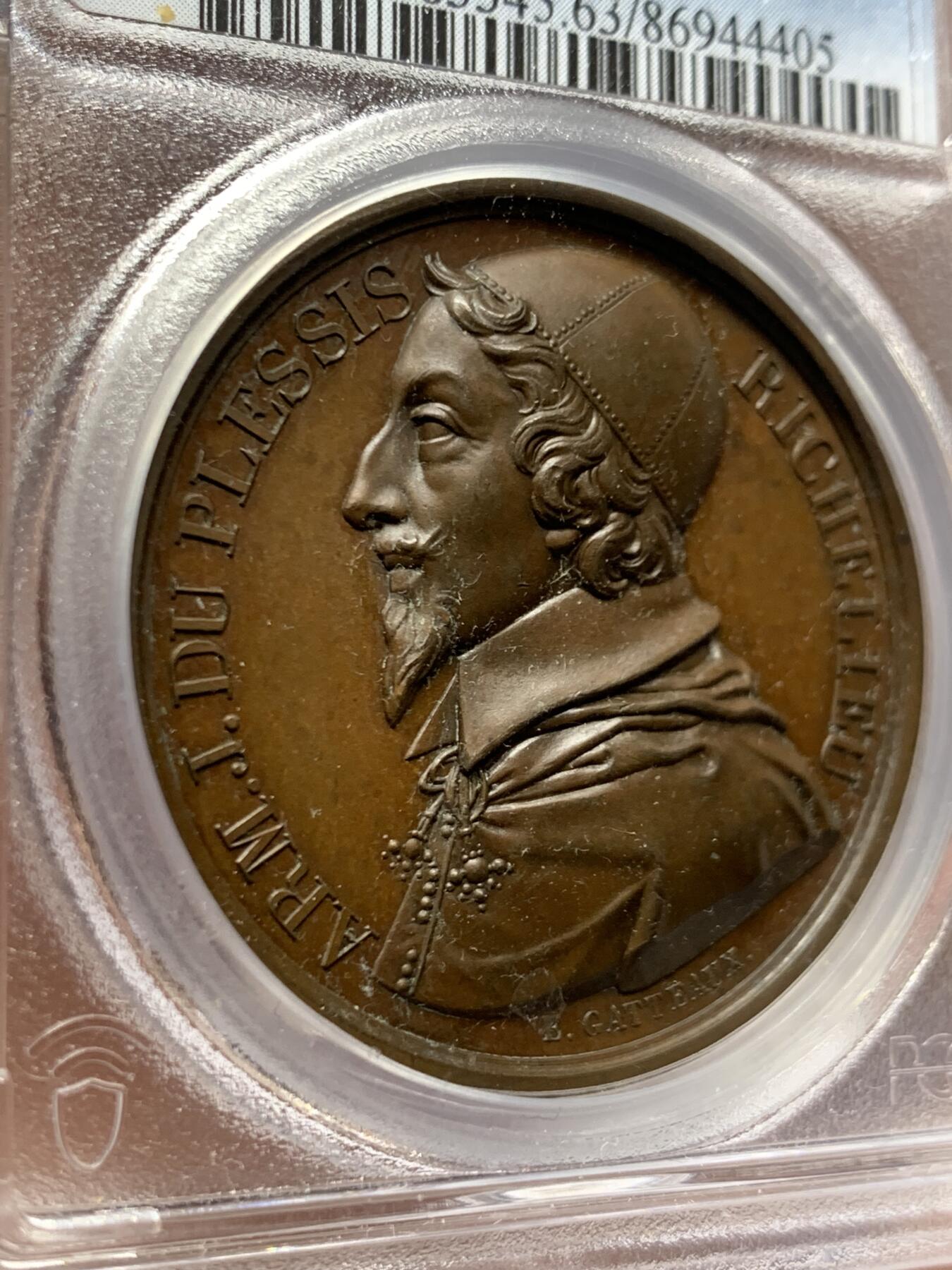 《竞宝斋》第453场 周日，周一 2场连拍 （全场包邮，欢迎送拍） PCGS SP63 法国1821年红衣主教黎塞留纪念章 高浮雕 加厚盒