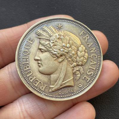 「木头集藏」章牌专场-第65场 - OUDINÉ～1885年法国欧里亚克市农业竞赛镀金银奖章，直径：41.3mm，37.6 g，边铭：丰饶角 ARGENT，品相很不错。