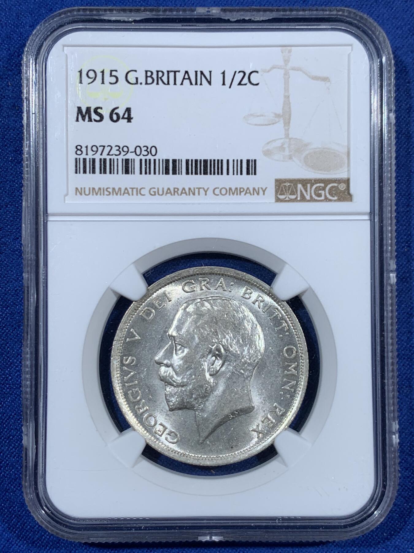 《竞宝斋》第453场 周日，周一 2场连拍 （全场包邮，欢迎送拍） NGC MS64 英国1915年乔治五世高银半克朗