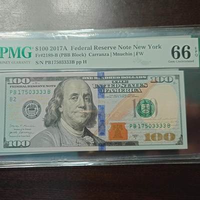 【新年首拍】世界钱币～微拍第222期暨2025年第62期  评级币专场 剩余部分硬通评级币汇率起拍 欢迎参与 - 2017A美国100元 全程无4狮子号3333 PMG66E