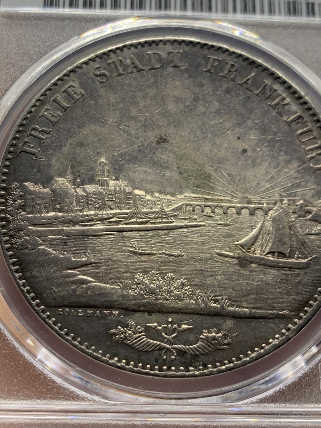 《竞宝斋》第453场 周日，周一 2场连拍 （全场包邮，欢迎送拍） PCGS AU55 德国1843年法兰克福景观2泰勒大银币