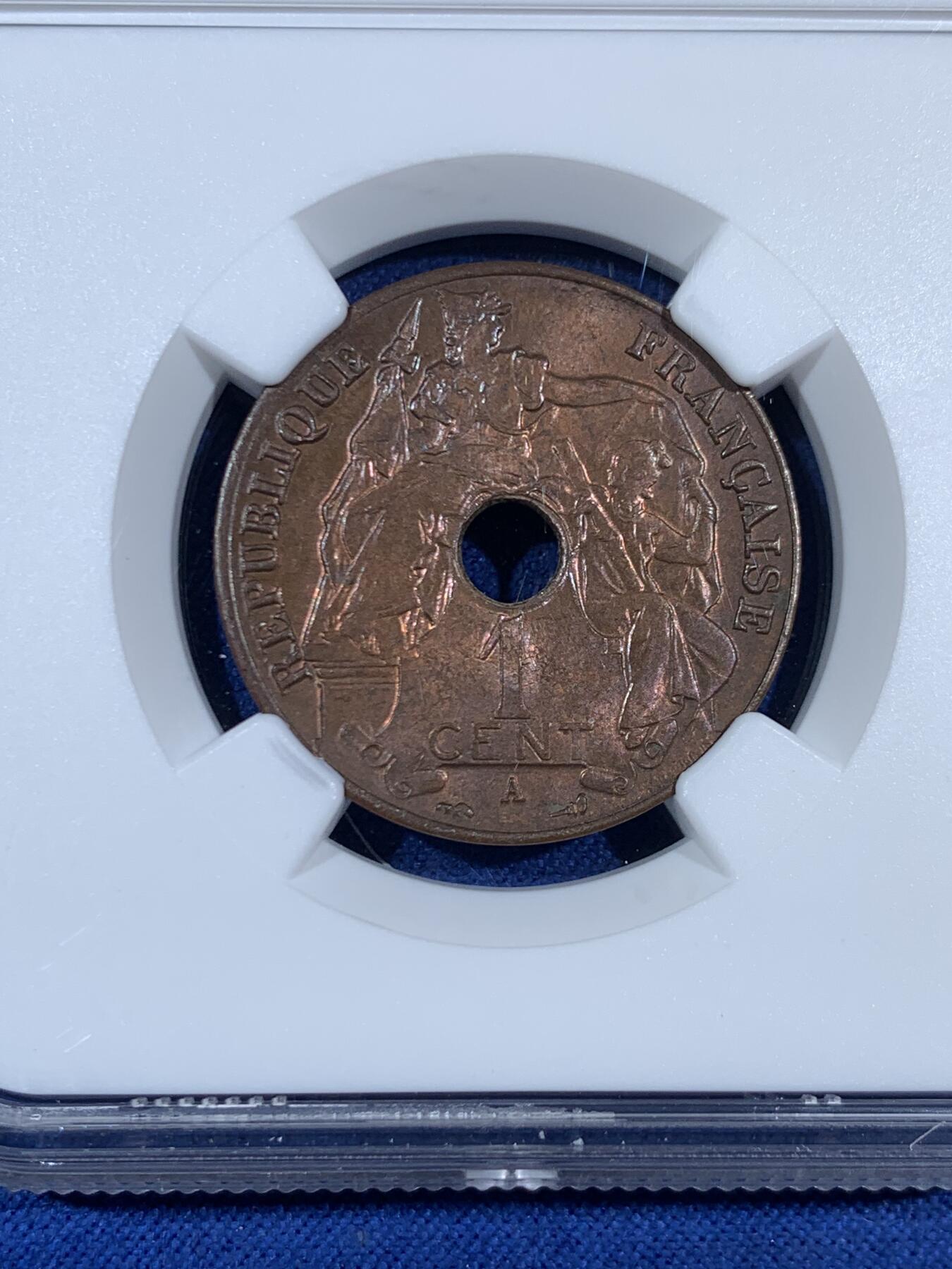 《竞宝斋》第453场 周日，周一 2场连拍 （全场包邮，欢迎送拍） NGC MS63RB 法属印支1922年A版百分之一铜币