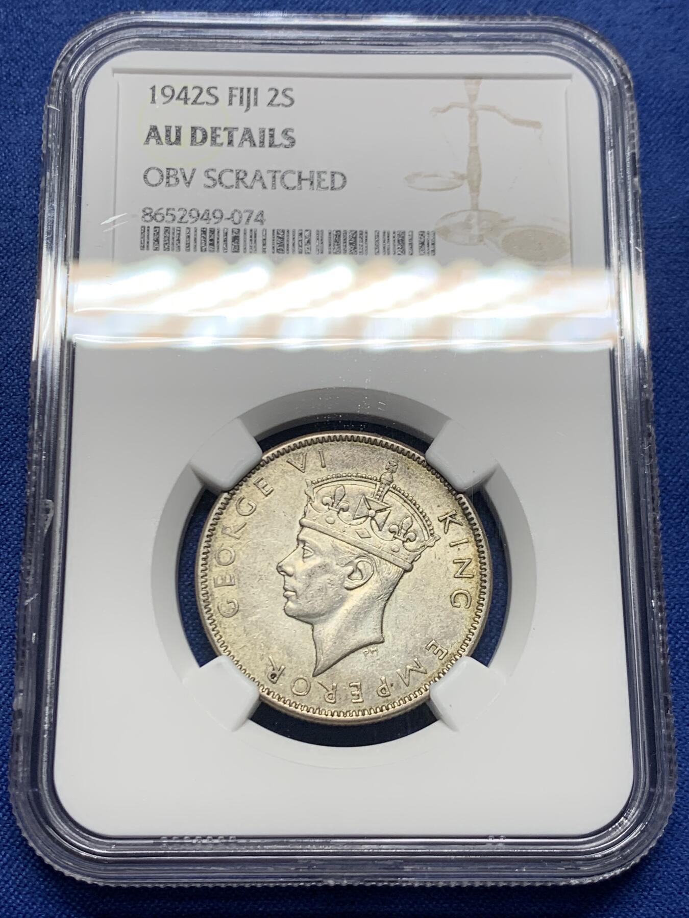 《竞宝斋》第453场 周日，周一 2场连拍 （全场包邮，欢迎送拍） NGC AUD 斐济1942年乔治六世1弗洛林银币