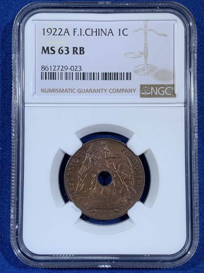 《竞宝斋》第453场 周日，周一 2场连拍 （全场包邮，欢迎送拍） - NGC MS63RB 法属印支1922年A版百分之一铜币