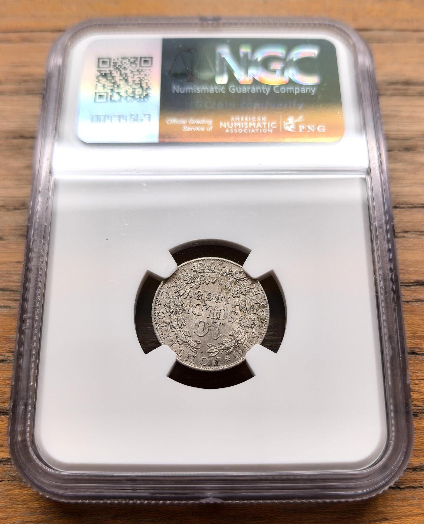 凡希社世界钱币微拍第三百十六期 1868梵蒂冈教宗庇护九世10SOL银币NGC-MS64